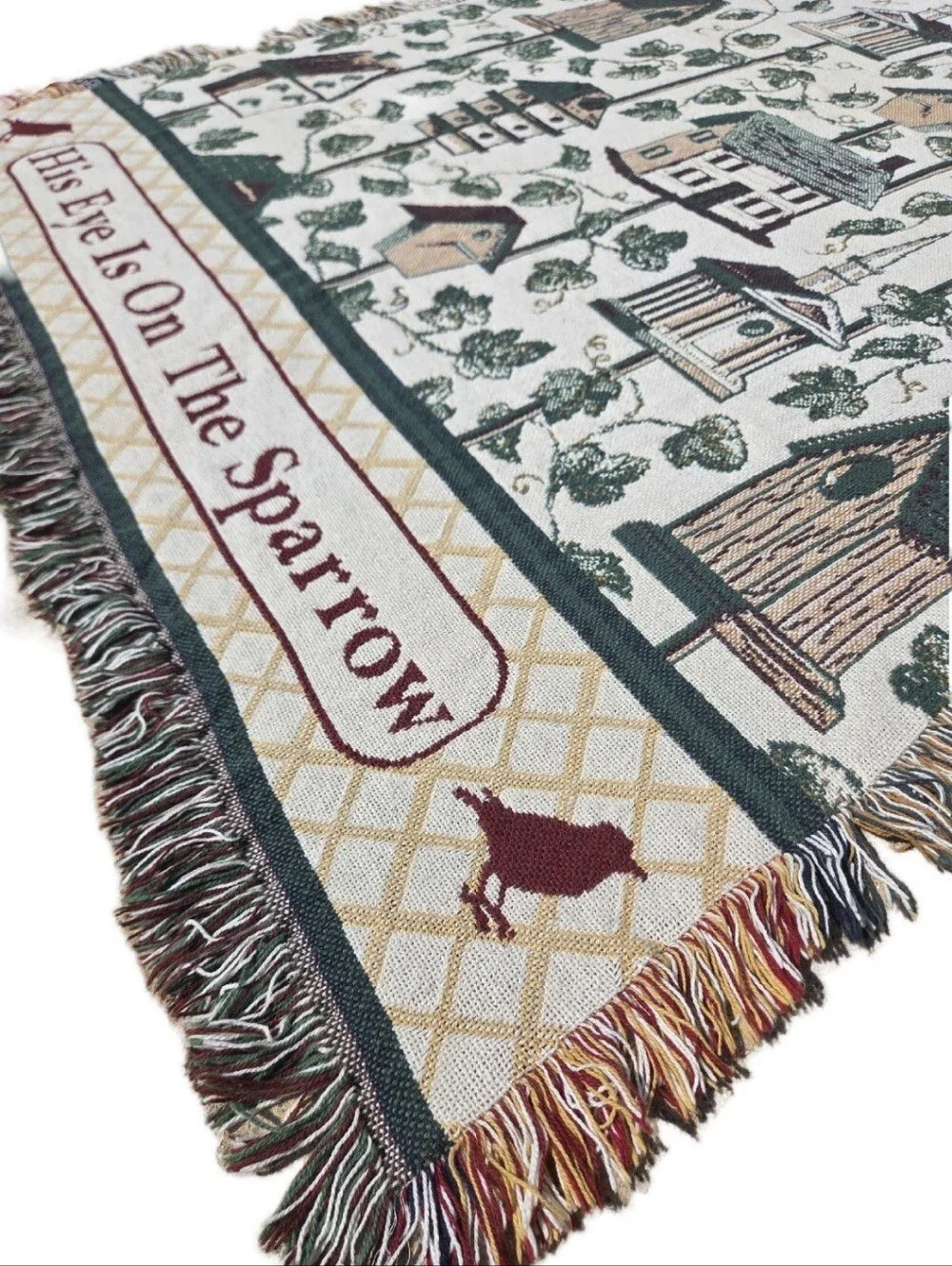 Vintage Christian Throw Blanket His Eye Is On The Sparrow Birdhouse Tapestry 90s